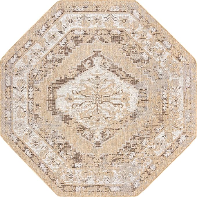 Unique Loom Outdoor Traditional Collection Area Rug - Valeria (7' 10" Octagon, Natural/ Ivory)