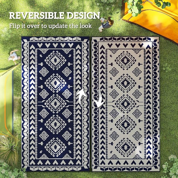 Outsunny Outdoor Rug for Patio, 9' x 18' Waterproof Large Mat, Reversible Plastic Straw Rug for Decor, Portable Outside RV Camping Area Carpet Mat for Backyard Porch Deck Picnic, Blue & White Rhombus