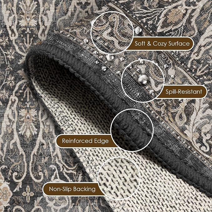 Washable Area Rug 5' x 7' Vintage Traditional Persian Mat - Foldable Distressed Non-Slip Machine Washable Carpet for Living Room Bedroom Kitchen Home Decor - Ebony and Taupe