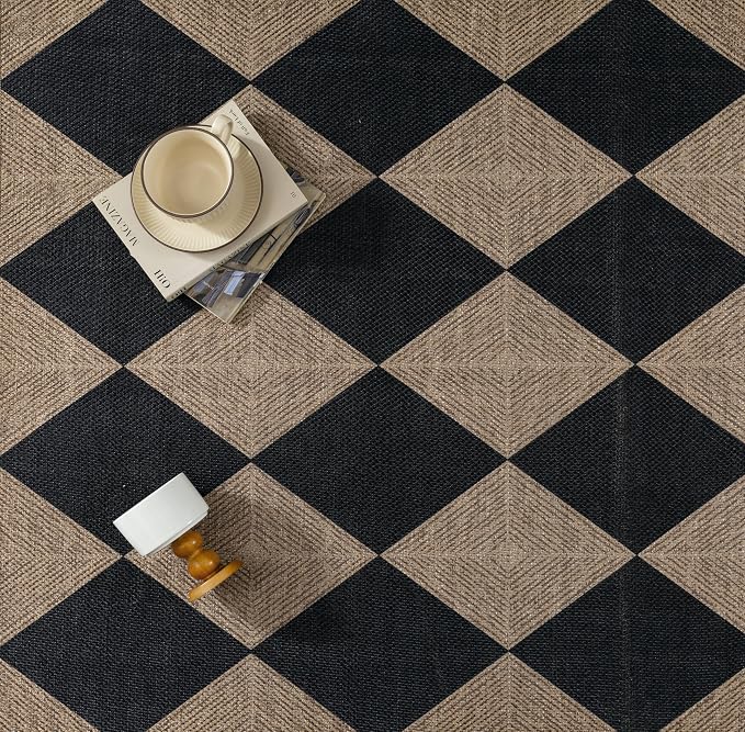 PureCozy 2x3 Checkered Easy Jute Kitchen Front Doormat Non Slip Washable Neutral Area Rug Textured Diamond Non Shedding Low Pile Black Checkerboard Floor Carpet for Farmhouse Entryway Porch Doorway