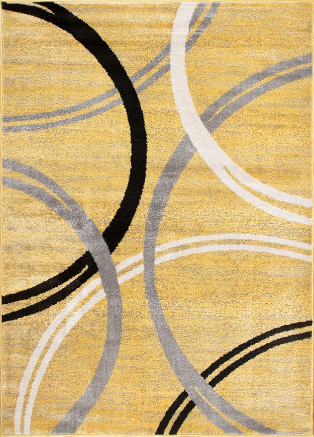 Rugshop Wavy Circles Jute Backing Living Room Area Rug Yellow 7'10" x 10'2" | Rectangular, Size 7'10" x 10'2", Bedroom, Dining Room, Home Office, Kitchen, Entryway, Hallway, Nursery, Kids Room, Bedside