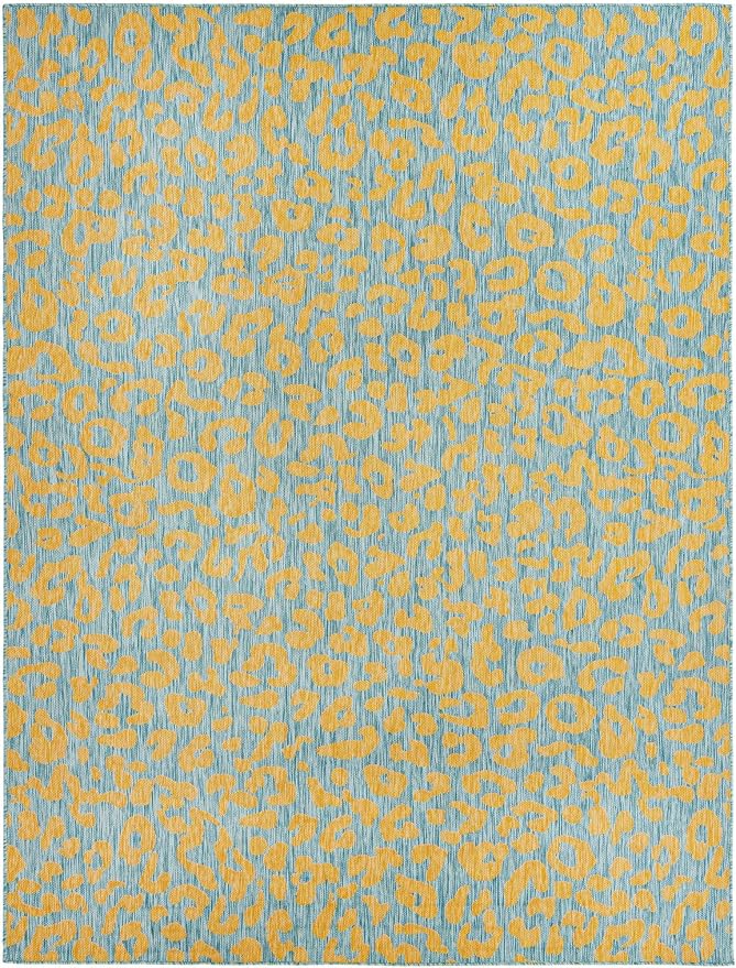 Unique Loom Outdoor Safari Collection Area Rug - Leopard (9' x 12' 2" Rectangle, Blue Yellow/ Blue)