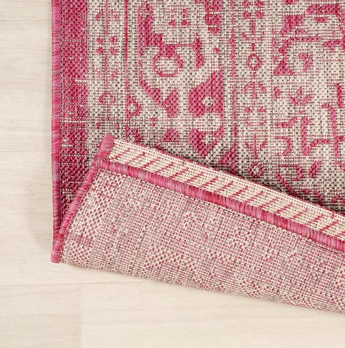 JONATHAN Y Medallion Weave Indoor Outdoor Runner Rug 2X8 Fuchsia/Light Gray, Sinjuri Textured for Backyard, Patio, Porch, Easy-Cleaning, High Traffic, Pet-Friendly, Non-Shedding (SMB101G-28)