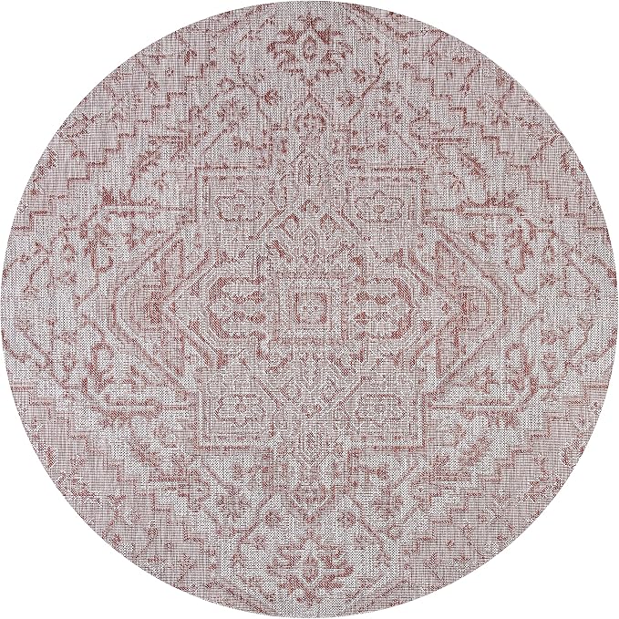 JONATHAN Y Boho Medallion Indoor Outdoor Round Area Rug 4 Ft Red/Taupe, Estrella Textured Weave for Backyard, Patio, Porch, Easy-Cleaning, High Traffic, Pet-Friendly, Non-Shedding (SMB105A-4R)