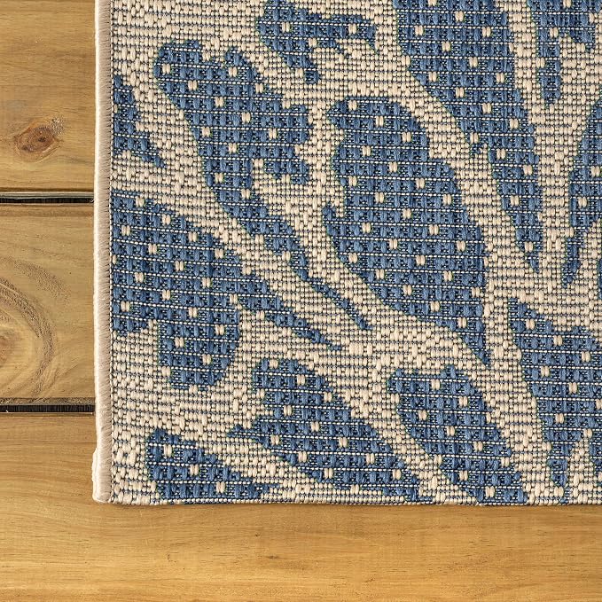 JONATHAN Y Floral Textured Weave Indoor Outdoor Square Area Rug 5X5 Navy/Green, Zinnia Modern for Backyard, Patio, Porch, Easy-Cleaning, High Traffic, Pet-Friendly, Non-Shedding (SMB110B-5SQ)