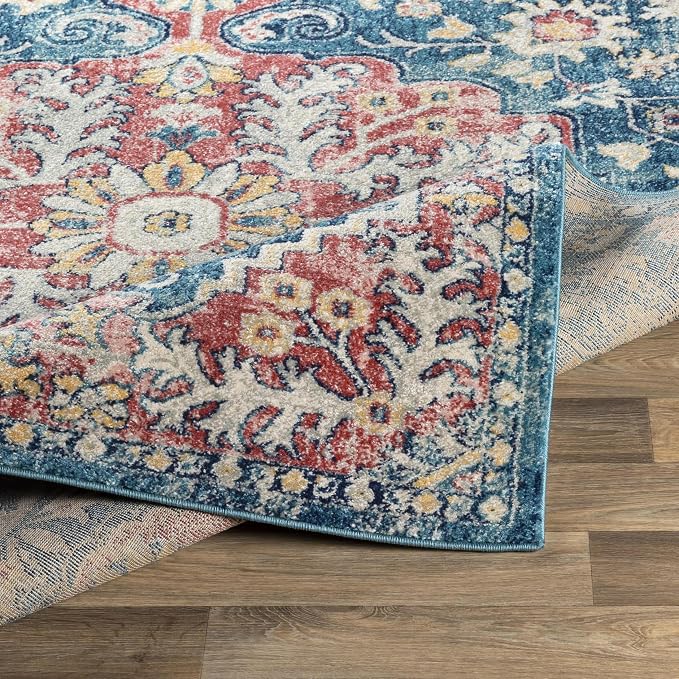 Livabliss Area Rugs - 8x10 Odelia Vintage Boho Blue Off-White Saffron Area Rug for Living Room Bedroom - Floral Medallion Stain Resistant Carpet for Kitchen, Nursery, Office (7'10" x 10')