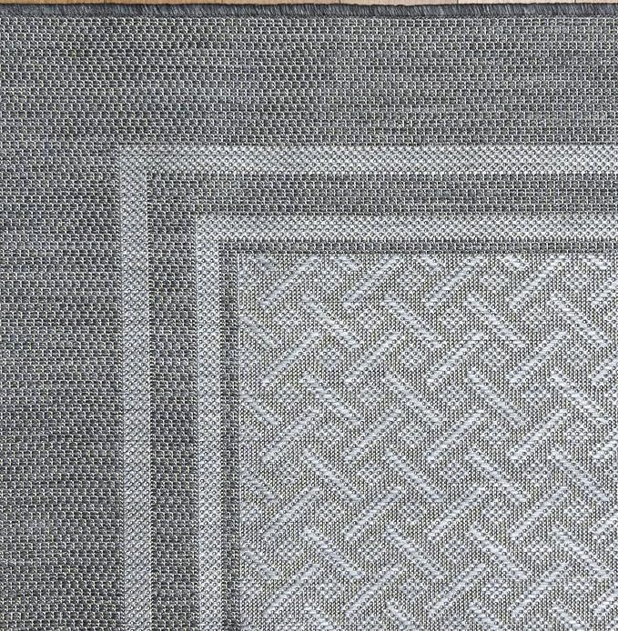 Gertmenian Indoor/Outdoor Flatweave Area Rug - 9x13 Extra Large, Stain & UV Resistant, Ideal For Deck, Patio, Poolside, Mudroom - Simple Border, Silver Grey, 21978