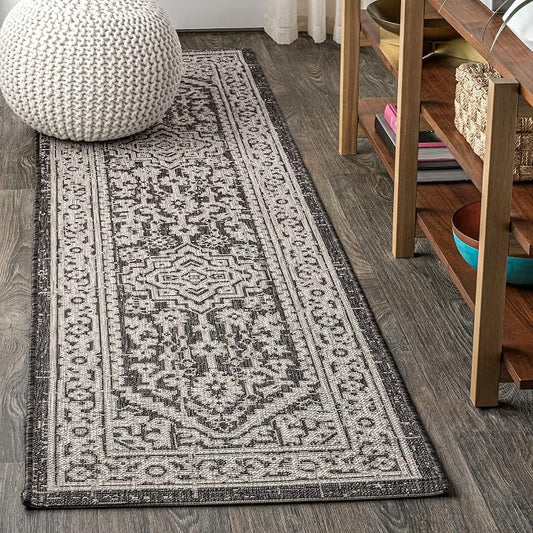 JONATHAN Y Medallion Weave Indoor Outdoor Runner Rug 2X8 Gray/Black, Sinjuri Textured for Backyard, Patio, Porch, Easy-Cleaning, High Traffic, Pet-Friendly, Non-Shedding (SMB101D-28)