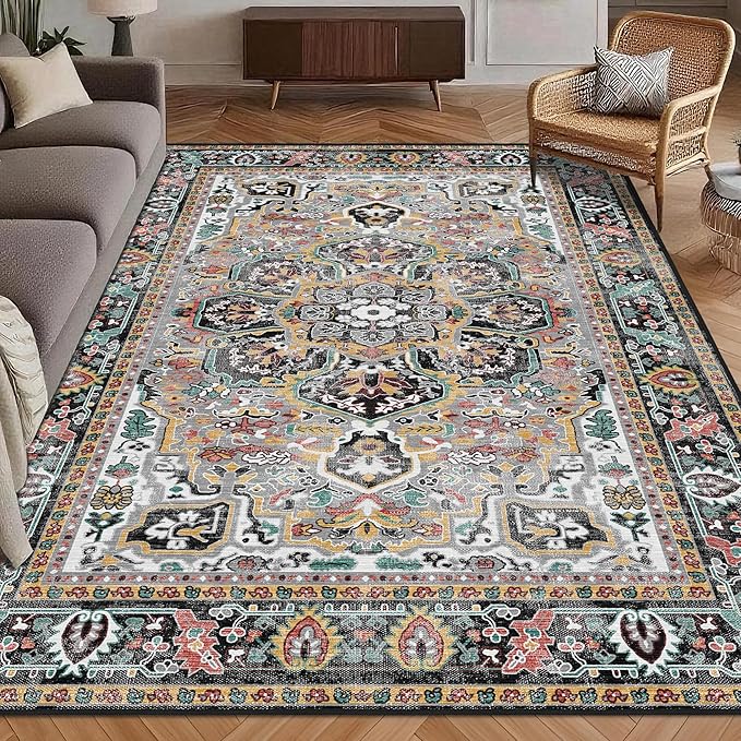 Washable Area Rug 9' x 12' Vintage Traditional Persian Mat - Foldable Distressed Non-Slip Machine Washable Carpet for Living Room Bedroom Kitchen Home Decor - Slate and Multicolor