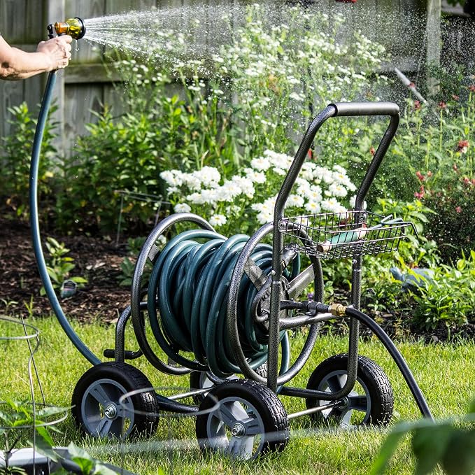 Backyard Expressions Metal Hose Reel Cart with Wheels - Heavy Duty Hose Caddie - 250 Ft Hose Capacity - Hammertone Finish