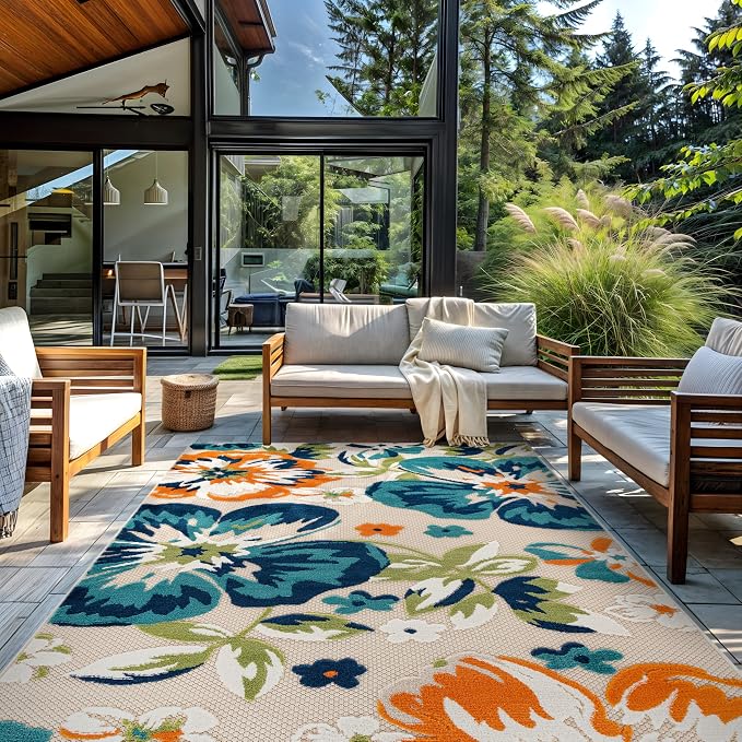 Rugshop Multi Bergamo Floral Indoor/Outdoor Area Rug Machine Washable for Backyard, Deck and Outdoor Lounge, 9' x 12'