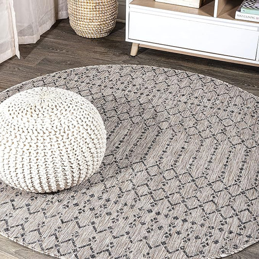 JONATHAN Y Moroccan Geometric Indoor Outdoor Round Area Rug 8 Ft Light Gray/Black, Ourika Textured Weave for Backyard, Patio, Porch, Easy-Cleaning, High Traffic Pet-Friendly, Non-Shedding SMB108E-8R