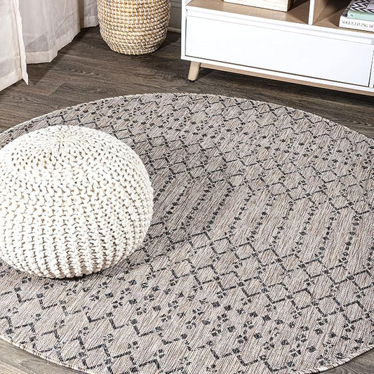 JONATHAN Y Moroccan Geometric Indoor Outdoor Round Area Rug 6 Ft Light Gray/Black, Ourika Textured Weave for Backyard, Patio, Porch, Easy-Cleaning, High Traffic Pet-Friendly, Non-Shedding SMB108E-6R