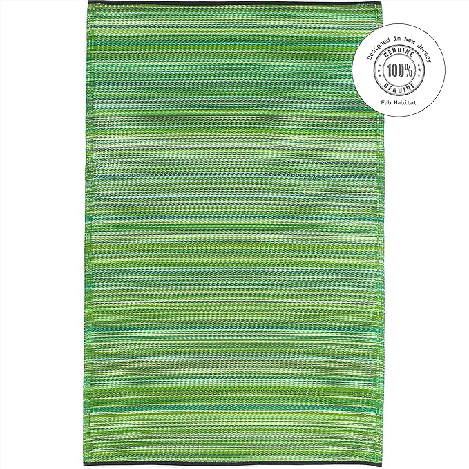 Fab Habitat Outdoor Rug - Waterproof, Fade Resistant, Crease-Free - Premium Recycled Plastic - Striped - Patio, Deck, Porch, Balcony, Laundry Room - Cancun - Green - 4 x 6 ft