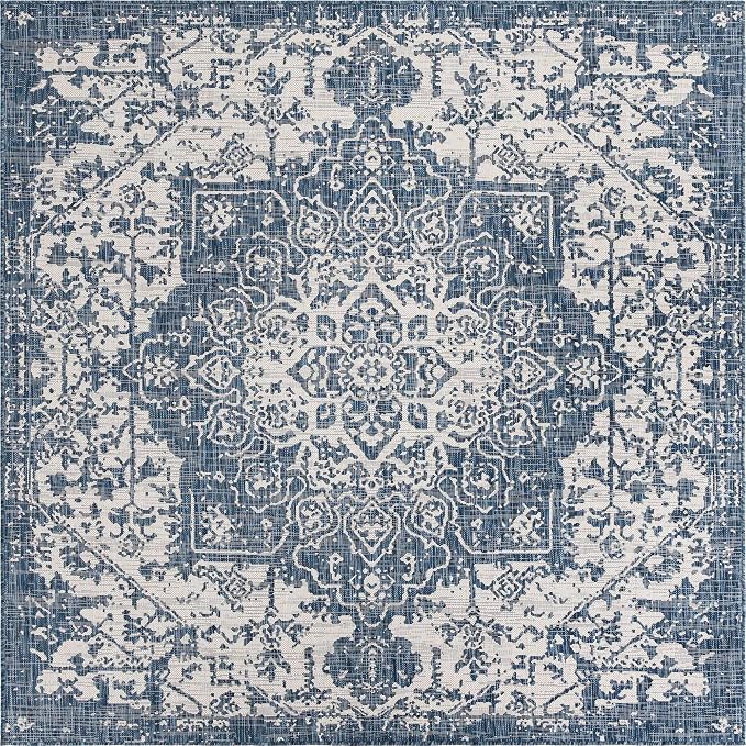 Unique Loom Outdoor Collection Area Rug - Dubai (7' 10' Square, Blue/ Ivory)
