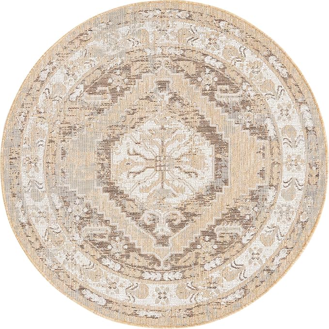Unique Loom Outdoor Traditional Collection Area Rug - Valeria (5' 3" Round, Natural/ Ivory)