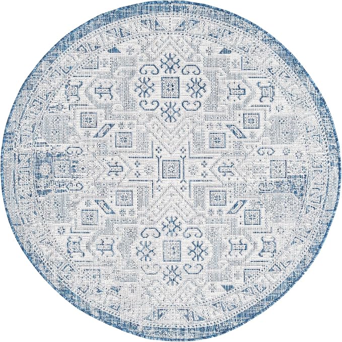 Unique Loom Outdoor Aztec Collection Area Rug - Coba (5' 3" Round, Blue/ Ivory)