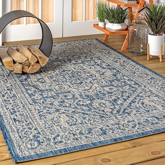 JONATHAN Y Medallion Weave Indoor Outdoor Area Rug 3X5 Navy/Gray, Sinjuri Textured for Backyard, Patio, Porch, Easy-Cleaning, High Traffic, Pet-Friendly, Non-Shedding (SMB101B-3)