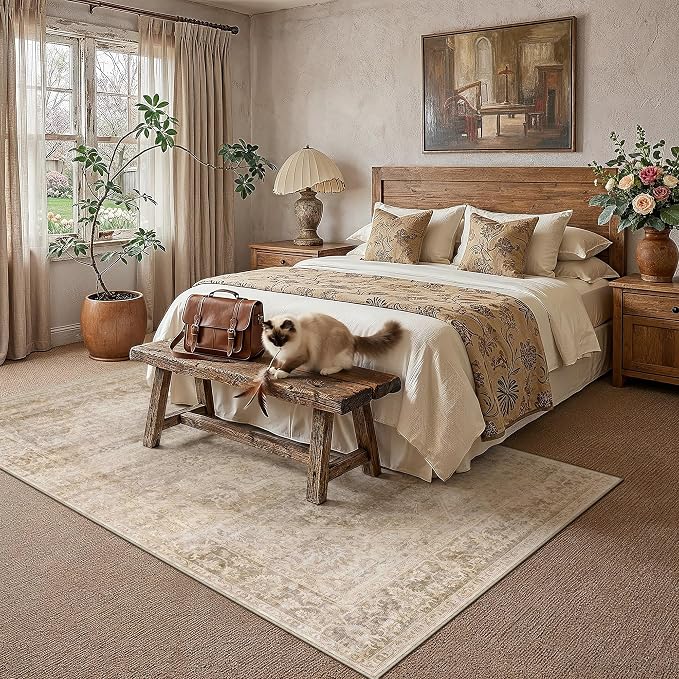 9x12 Beige Farmhouse Area Rug | Washable, Non Slip, Soft Low Pile, Neutral Vintage, Large, for Living Room Bedroom Dining Room Office Indoor Home Decor