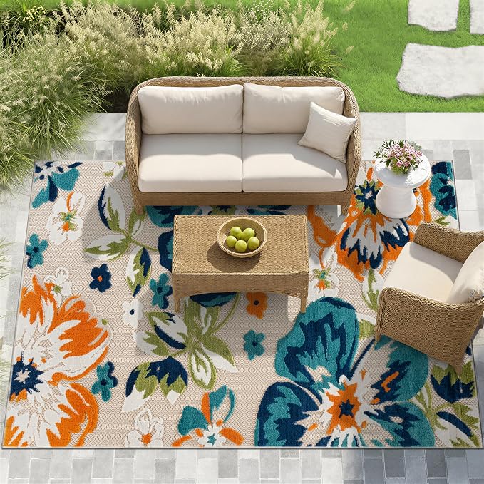 Rugshop Multi Bergamo Floral Indoor/Outdoor Area Rug Machine Washable for Backyard, Deck and Outdoor Lounge, 10' x 14'