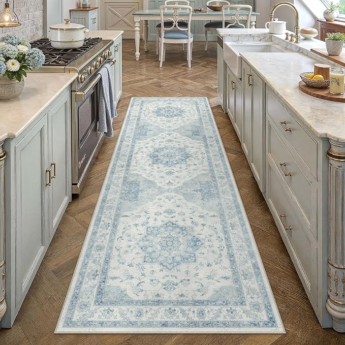 Blue 2x8 Washable Runner Rug Kitchen Vintage Oriental Carpet | Soft Low Pile, Non Slip, Stain Resistant, Floral Medallion, Neutral Retro Decor for Entryway, Bathroom, Hallway, Bedroom