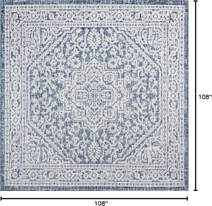 JONATHAN Y Medallion Weave Indoor Outdoor Square Area Rug 9X9 Navy/Gray, Sinjuri Textured for Backyard, Patio, Porch, Easy-Cleaning, High Traffic, Pet-Friendly, Non-Shedding (SMB101B-9SQ)