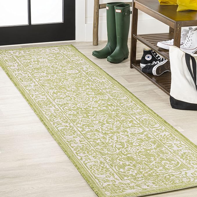 JONATHAN Y Weave Floral Indoor Outdoor Runner Rug 2X10 Green/Cream, Tela Bohemian Textured for Backyard, Patio, Porch, Easy-Cleaning, High Traffic, Pet-Friendly, Non-Shedding (SMB100D-210)