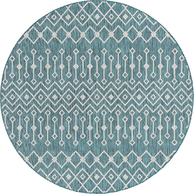 Unique Loom Outdoor Trellis Collection Area Rug - Tribal Trellis (7' 10" Round, Teal/ Ivory)