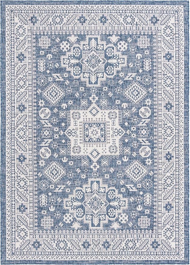 Unique Loom Outdoor Aztec Collection Area Rug - Chalca (7' 1" x 10' Rectangle, Blue/ Ivory)