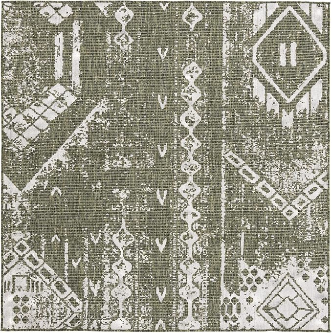 Unique Loom Outdoor Bohemian Collection Area Rug - Anthro (7' 1" Square, Green/ Ivory)