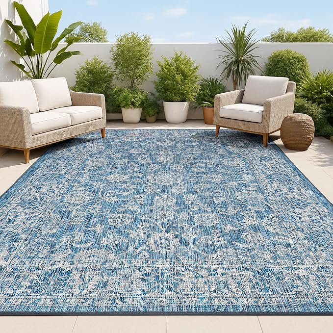 JONATHAN Y Weave Floral Indoor Outdoor Area Rug 6X9 Navy/Gray, Tela Bohemian Textured for Backyard, Patio, Porch, Easy-Cleaning, High Traffic, Pet-Friendly, Non-Shedding (SMB100B-6)