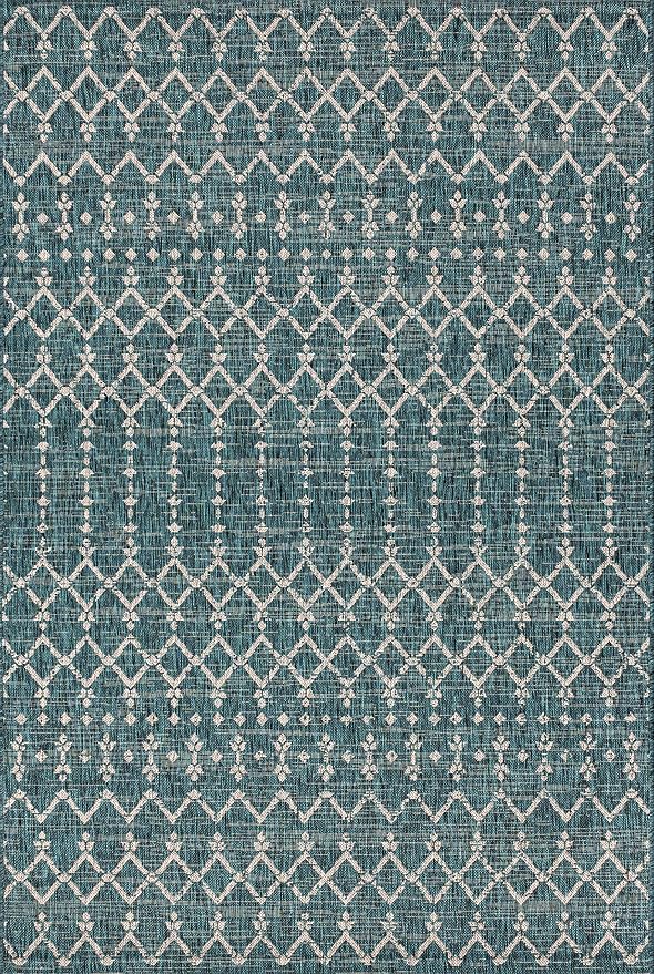 JONATHAN Y Moroccan Geometric Indoor Outdoor Area Rug 8X10 Teal/Gray, Ourika Textured Weave for Backyard, Patio, Porch, Easy-Cleaning, High Traffic, Pet-Friendly, Non-Shedding (SMB108C-8)