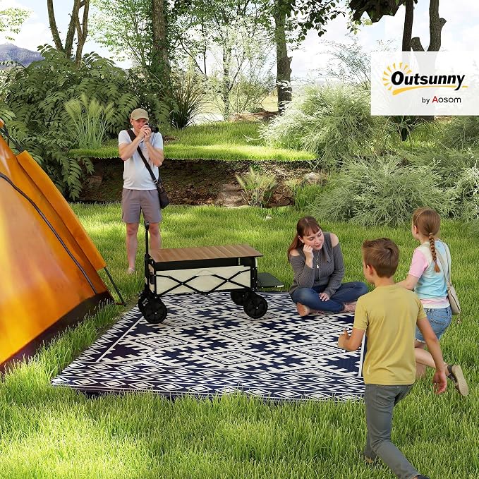 Outsunny Reversible Outdoor Rug, 8' x 10' Waterproof Plastic Straw Floor Mat, Portable RV Camping Carpet, Large Floor Mat for Backyard, Deck, Picnic, Beach, Blue & White Rhombus Border