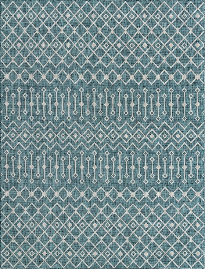 Unique Loom Outdoor Trellis Collection Area Rug - Tribal Trellis (10' x 13' 1" Rectangle, Teal/ Ivory)