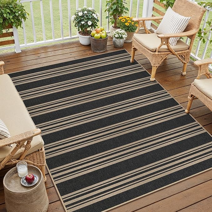 PureCozy Striped Easy Jute Rug 3x5 Black Entryway Carpet Washable Non Slip Office Door Mat Farmhouse Neutral Non Shedding Small Indoor Outdoor Rug for Bathroom Kitchen Bedroom Living Room