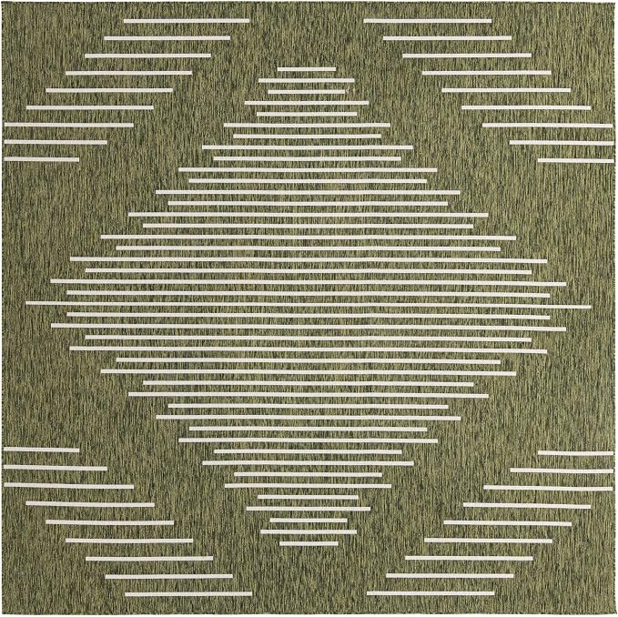 Unique Loom Outdoor Modern Collection Area Rug - Tambor (10' 8" Square, Green/ Ivory)