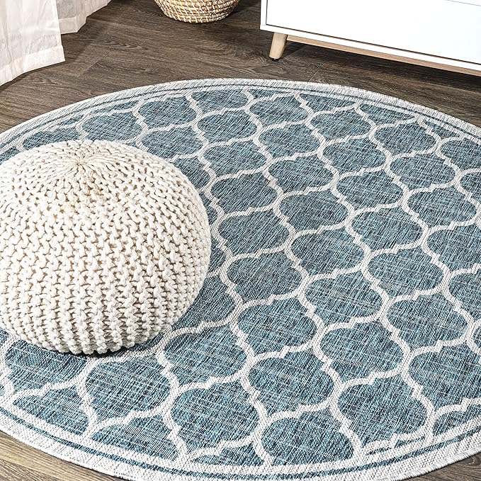 JONATHAN Y Moroccan Trellis Indoor Outdoor Round Area Rug 4 Ft Teal/Gray, Trebol Textured Weave for Backyard, Patio, Porch, Easy-Cleaning, High Traffic, Pet-Friendly, Non-Shedding (SMB109E-4R)