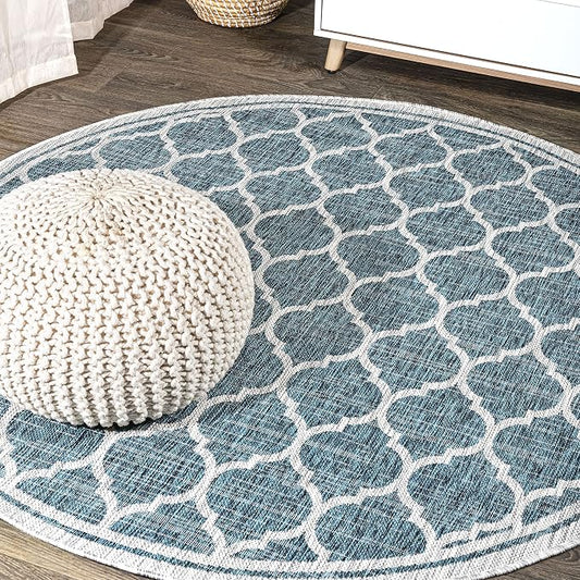 JONATHAN Y Moroccan Trellis Indoor Outdoor Round Area Rug 6 Ft Teal/Gray, Trebol Textured Weave for Backyard, Patio, Porch, Easy-Cleaning, High Traffic, Pet-Friendly, Non-Shedding (SMB109E-6R)