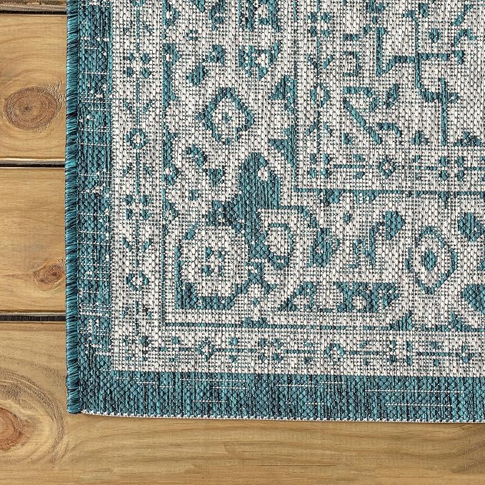 JONATHAN Y Medallion Weave Indoor Outdoor Round Area Rug 9 Ft Teal Blue/Gray, Sinjuri Textured for Backyard, Patio, Porch, Easy-Cleaning, High Traffic, Pet-Friendly, Non-Shedding (SMB101C-9R)