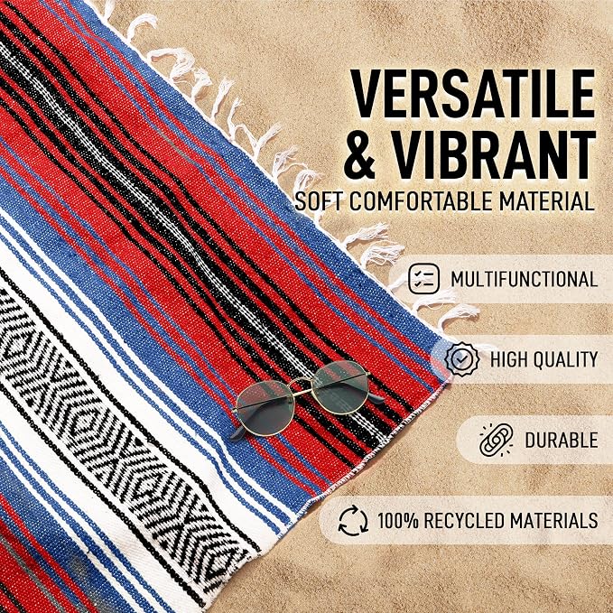 Hydration Nation Authentic Large Handwoven Mexican Striped Throw Blanket - Soft, Durable, Eco-Friendly - 70"x50" - Mariner