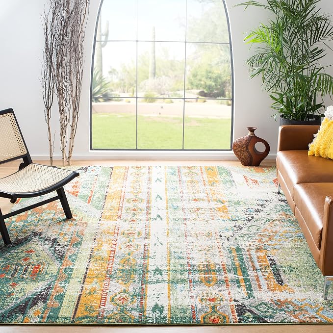 SAFAVIEH Madison Collection X-Large Area Rug - 12' x 15', Green & Orange, Boho Chic Tribal Distressed Design, Non-Shedding & Easy Care, Ideal for High Traffic Areas in Living Room, Bedroom (MAD422Y)