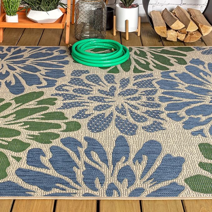 JONATHAN Y Floral Textured Weave Indoor Outdoor Area Rug 8X10 Navy/Green, Zinnia Modern for Backyard, Patio, Porch, Easy-Cleaning, High Traffic, Pet-Friendly, Non-Shedding (SMB110B-8)