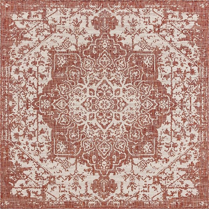 Unique Loom Jill Zarin Outdoor Collection Area Rug - Dubai (13' Square, Rust Red/ Ivory)