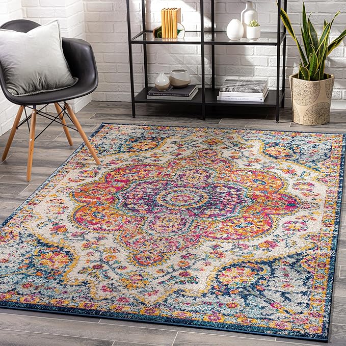 Livabliss Area Rugs - 4x6 Romaine Vintage Boho Fuchsia Mustard Blue Area Rug for Living Room Bedroom - Floral Medallion Stain Resistant Carpet for Kitchen, Nursery, Office (3'11" x 5'7")