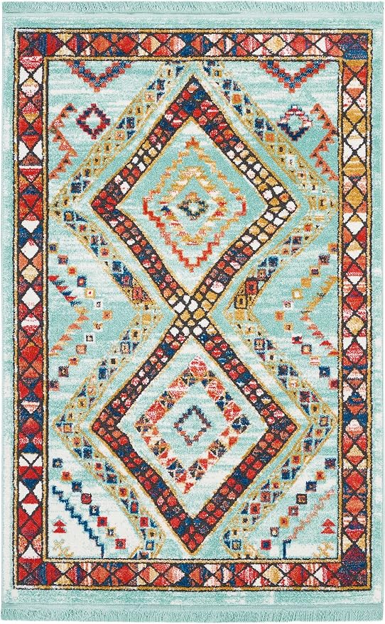 Nourison Home Tribal Decor Aqua 3'11" x 6'2" Area Rug - Easy Clean, Non Shedding, Bed Room, Living Room, Dining Room, Kitchen (4' x 6')
