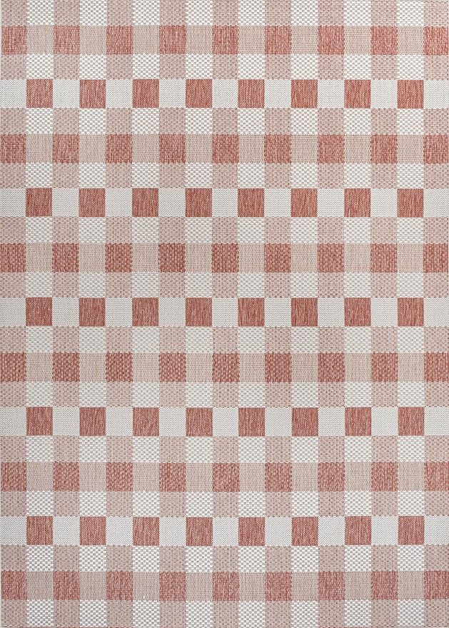 JONATHAN Y Geometric Bold Gingham Indoor Outdoor Area Rug 8X10 Salmon/Cream, Darcy Traditional for Backyard, Patio, Porch, Easy-Cleaning, High Traffic, Pet-Friendly, Non-Shedding (TSN201B-8)