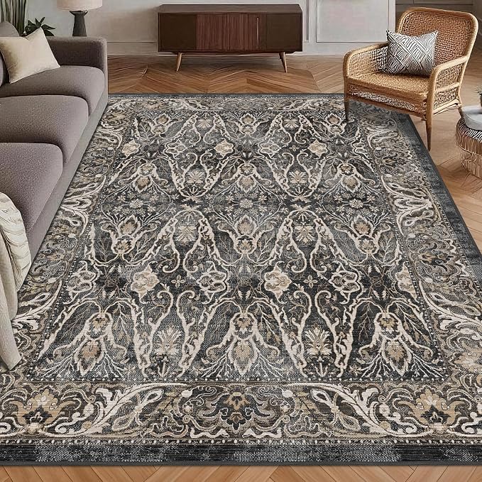 Washable Area Rug 9' x 12' Vintage Traditional Persian Mat - Foldable Distressed Non-Slip Machine Washable Carpet for Living Room Bedroom Kitchen Home Decor - Ebony and Taupe