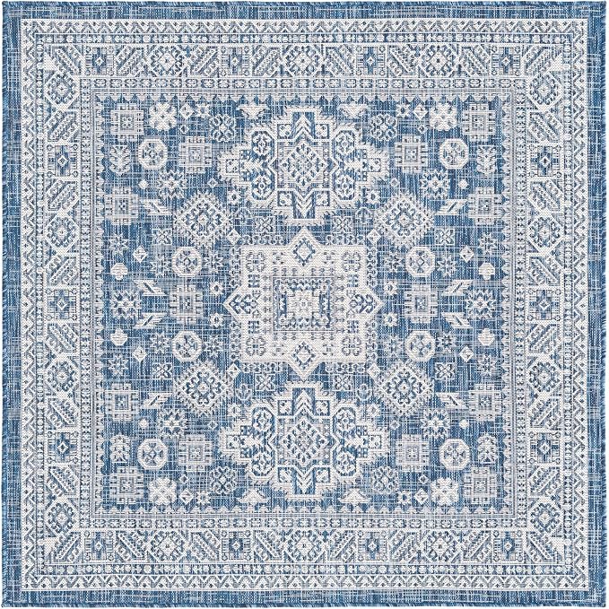 Unique Loom Outdoor Aztec Collection Area Rug - Chalca (5' 3" Square, Blue/ Ivory)