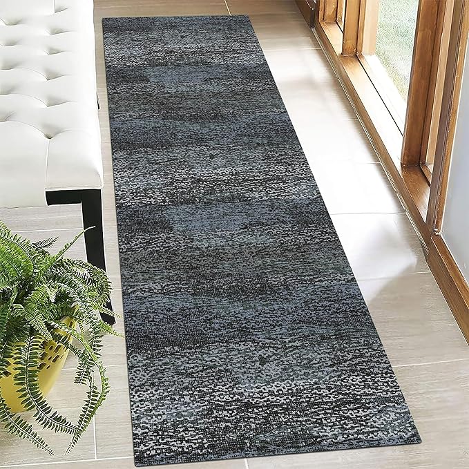 Washable Area Rug - 1/6 Thick - Stain & Water Resistant Non-Slip - Resistant Rug for Living Room, Bedroom, Nursery, Pet & Child Friendly, Vintage Charm Area Rugs (Darkgrey+Bule, 2'6'' x 8')