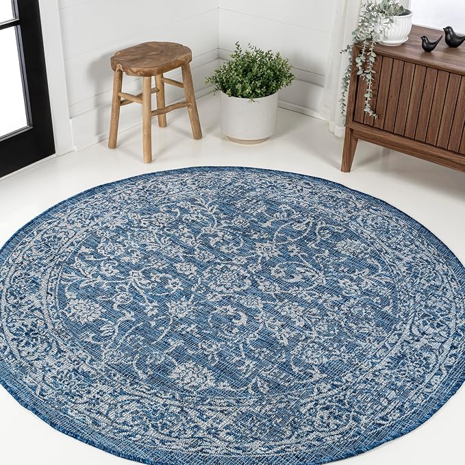 JONATHAN Y Weave Floral Indoor Outdoor Round Area Rug 4 Ft Navy/Gray, Tela Bohemian Textured for Backyard, Patio, Porch, Easy-Cleaning, High Traffic, Pet-Friendly, Non-Shedding (SMB100B-4R)